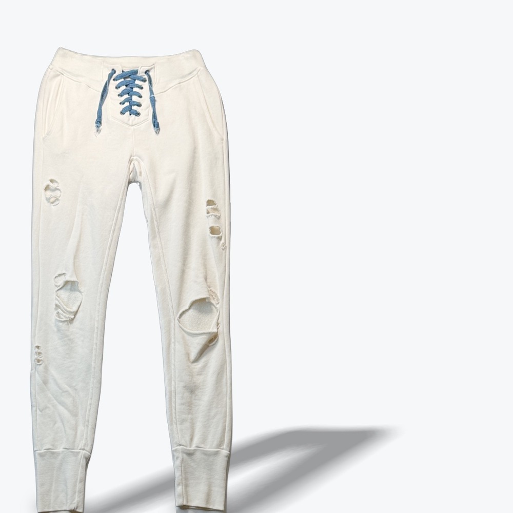 NSF Clothing Joggers Distressed Lace Up Women Cream Cotton Sweatpants Size S USA